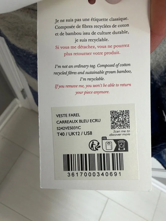 Sezane Farel Jacket Ecru Blue Check - Size 8 - Picture 3 of 4